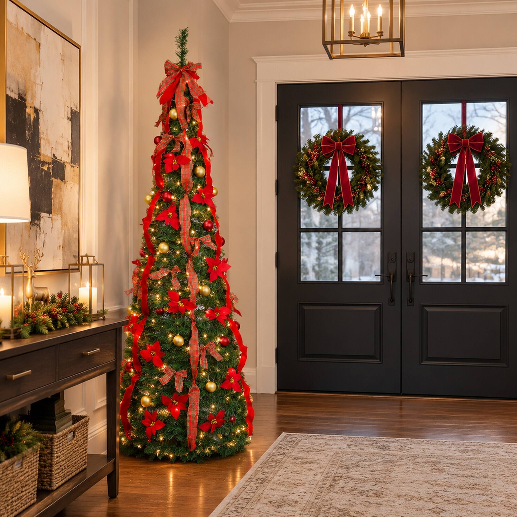 Alt View 2. RYHNUYNE - 7FT Pre-Lit Pop Up Christmas Tree With 200 Pre-Strung Lights and Gold Red Balls, Satin Bows and Quick Setup - Green.