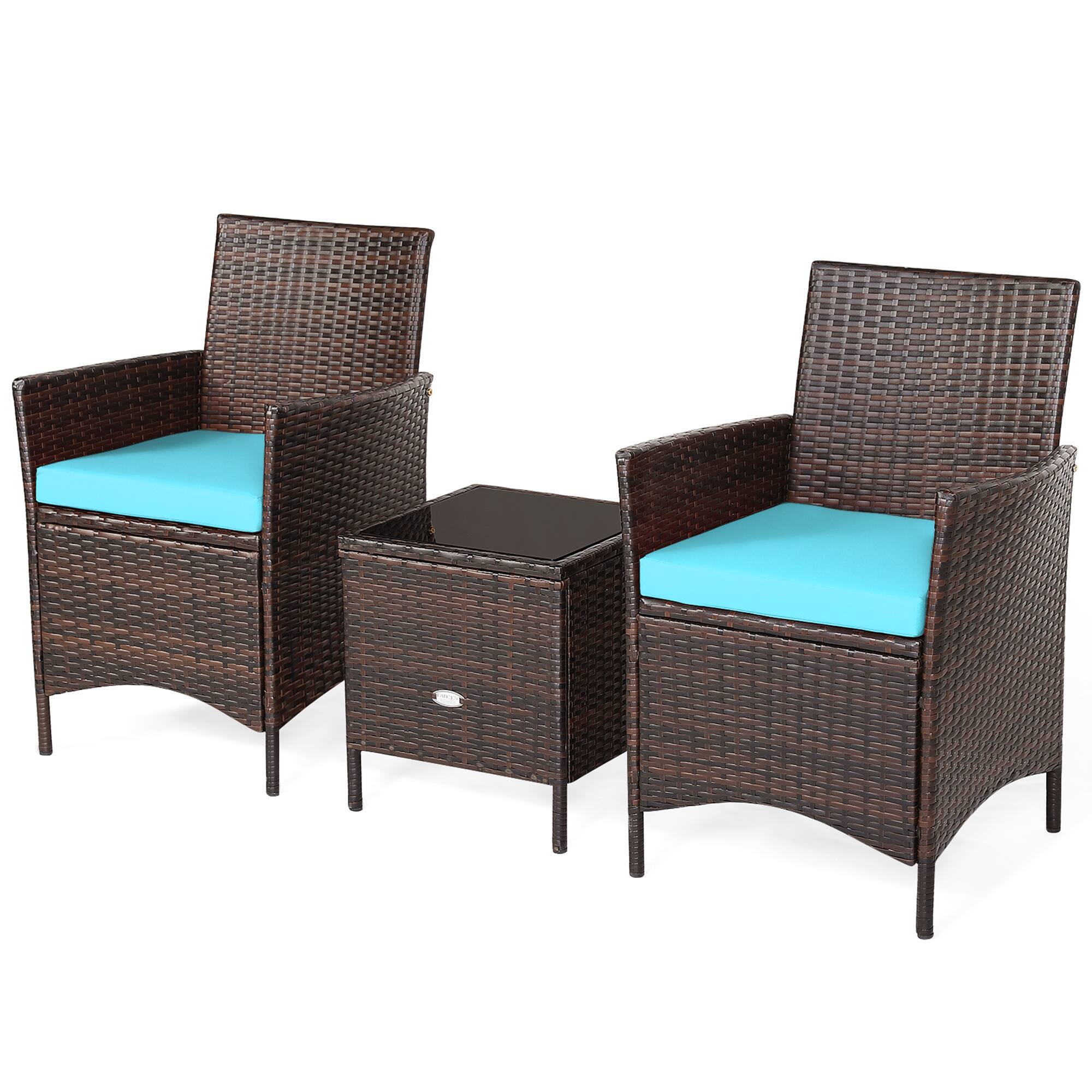 Alt View 8. Gymax - Gymax 3PCS Outdoor Rattan Conversation Set Patio Furniture Set w/ Blue Cushions - Brown.
