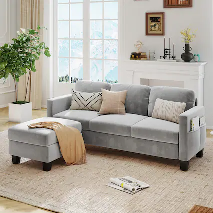 Front. Pinmoco - PINMOCO - 67 inch Velvet L-Shaped Sofa Modular Sofa with Storage Reversible Ottoman Sectional Sofa for Small Space - Grey.