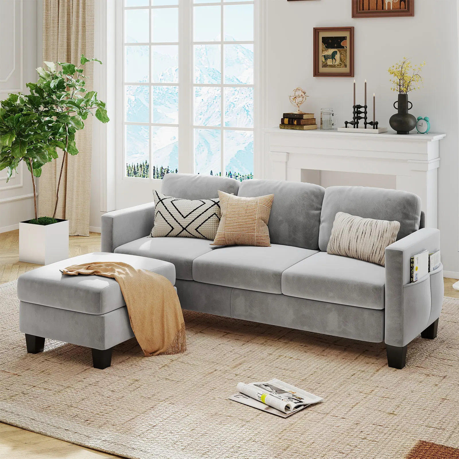 Pinmoco - 67 inch Velvet L-Shaped Sofa Modular Sofa with Storage Reversible Ottoman Sectional Sofa for Small Space - Gray