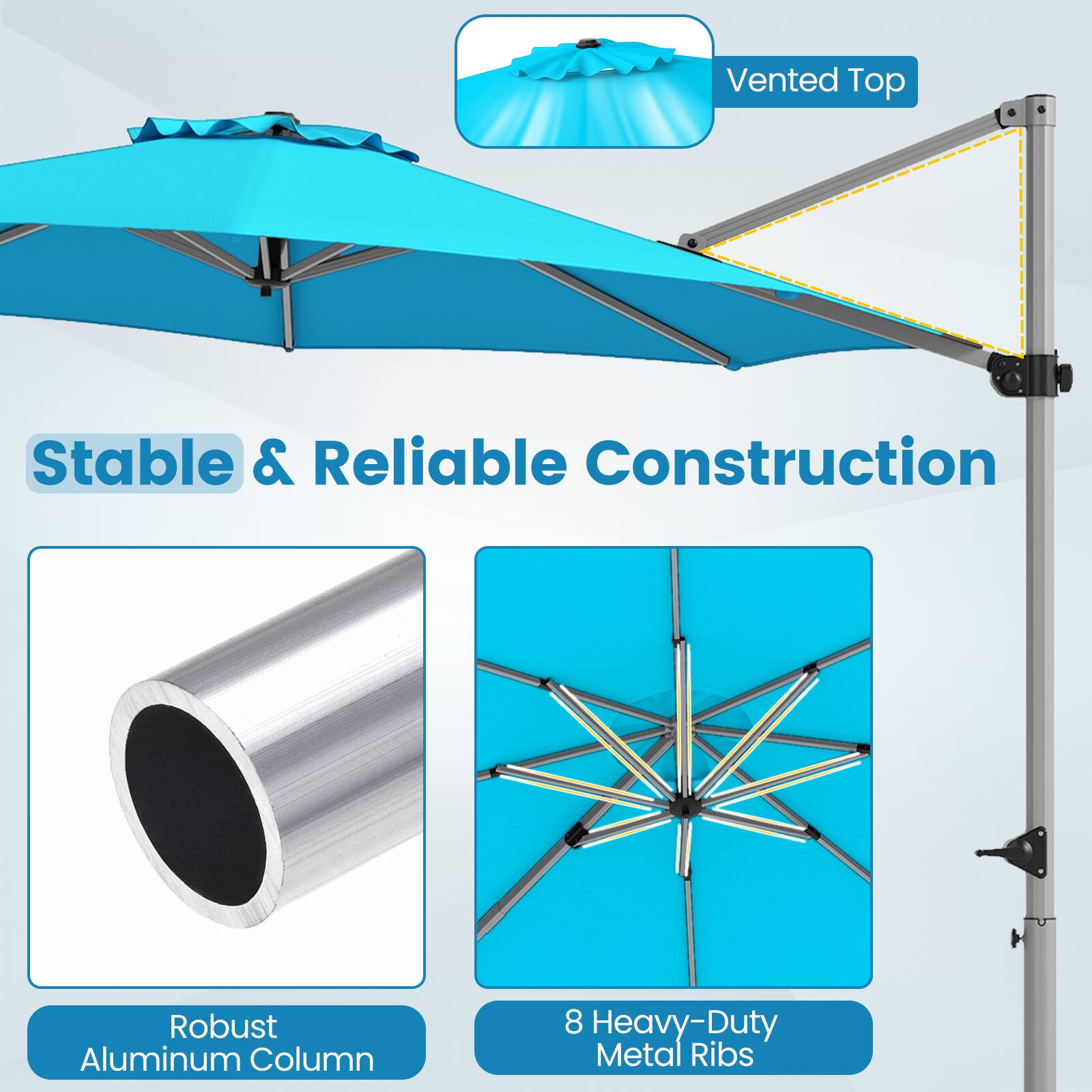- Vented Top
- Stable & Reliable Construction
- Robust Aluminum Column
- 8 Heavy-Duty Metal Ribs