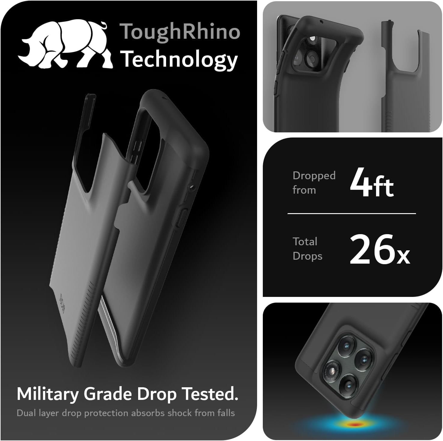 ToughRhino Technology

Dropped from 4ft  
Total Drops 26x

Military Grade Drop Tested.  
Dual layer drop protection absorbs shock from falls
