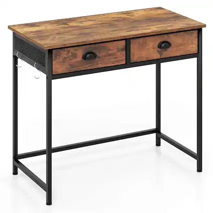 Front. Costway - Costway Space Saving Home Computer Desk with 2 Fabric Drawers 4 Hanging Hooks & Metal Frame Brown - Brown.