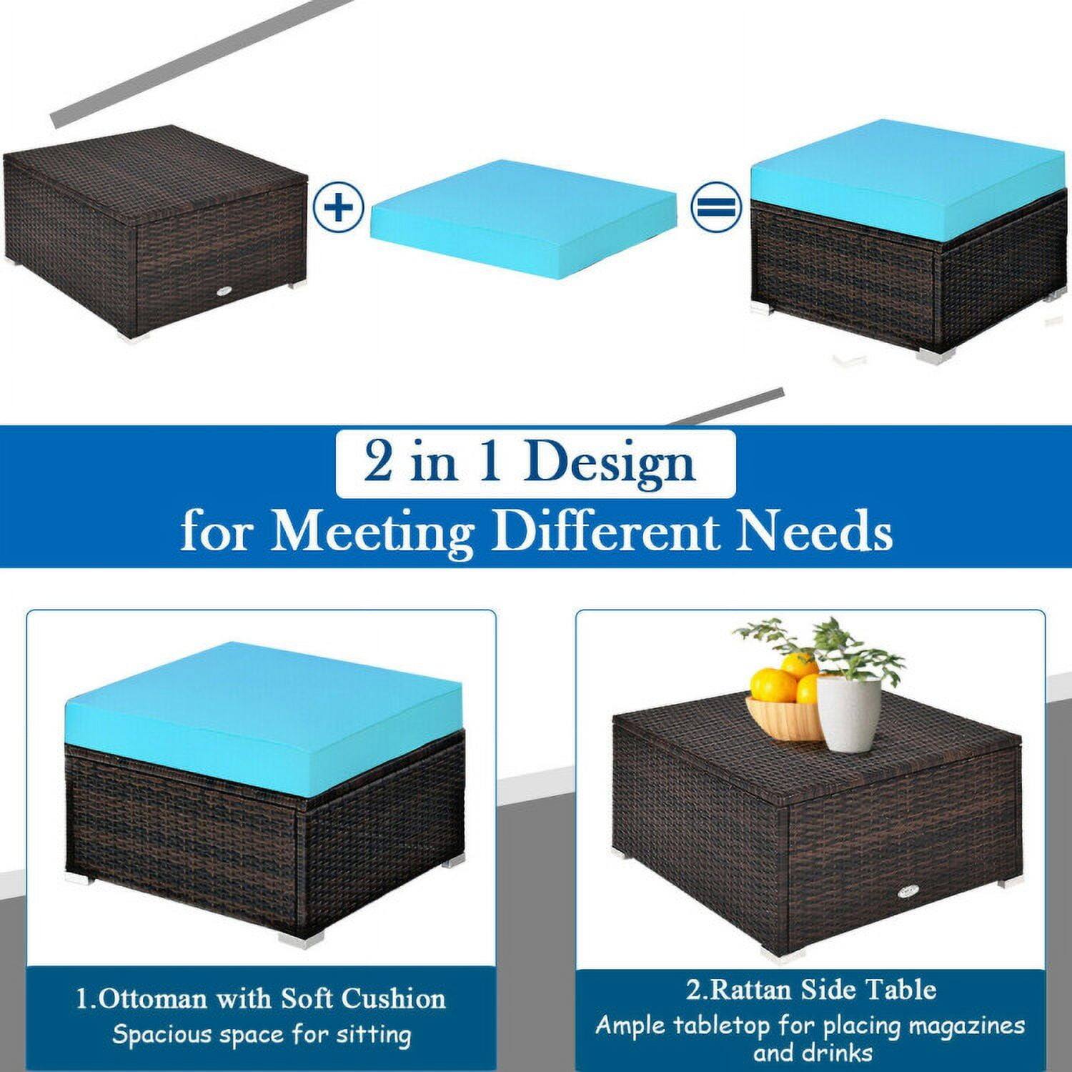 + 2 in 1 Design for Meeting Different Needs  
1. Ottoman with Soft Cushion  
   Spacious space for sitting  
2. Rattan Side Table  
   Ample tabletop for placing magazines and drinks