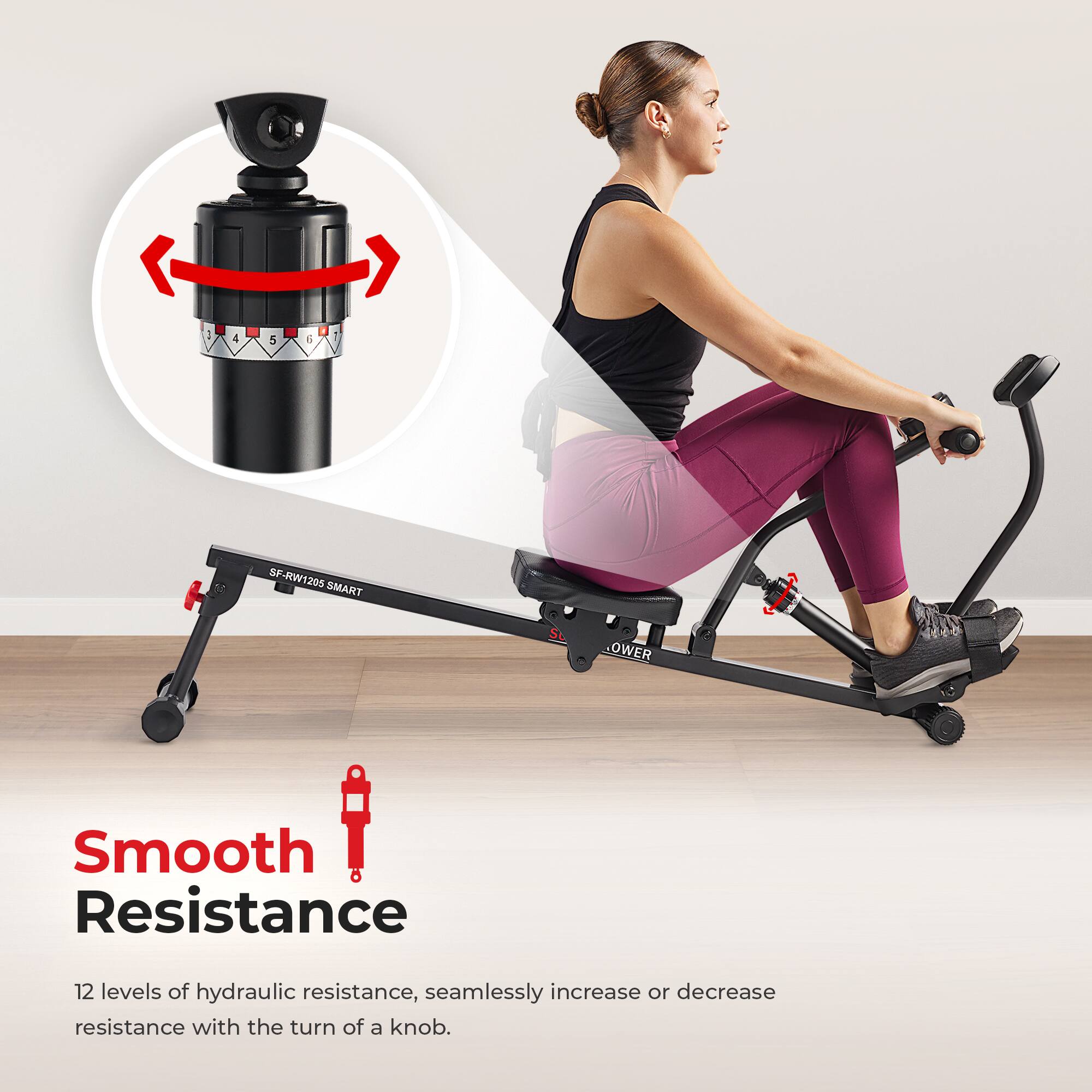 - 4 5 1 SF-RW1205 SMART POWER Smooth Resistance 12 levels of hydraulic resistance, seamlessly increase or decrease resistance with the turn of a knob.