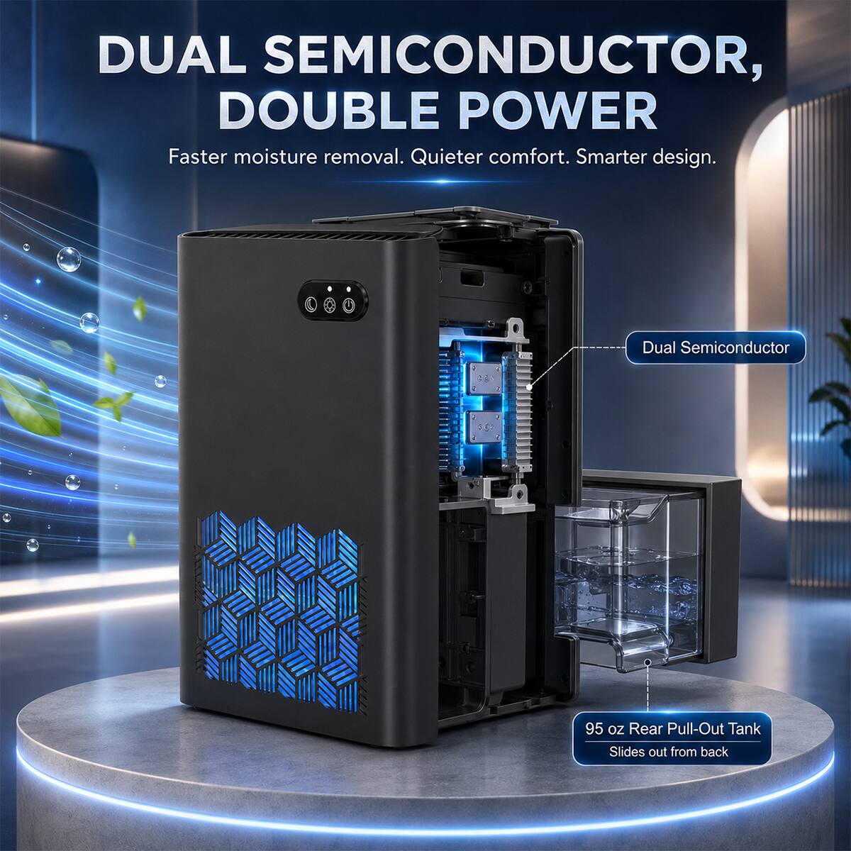 DUAL SEMICONDUCTOR, DOUBLE POWER  
Faster moisture removal. Quieter comfort. Smarter design.  

Dual Semiconductor  

95 oz Rear Pull-Out Tank  
Slides out from back