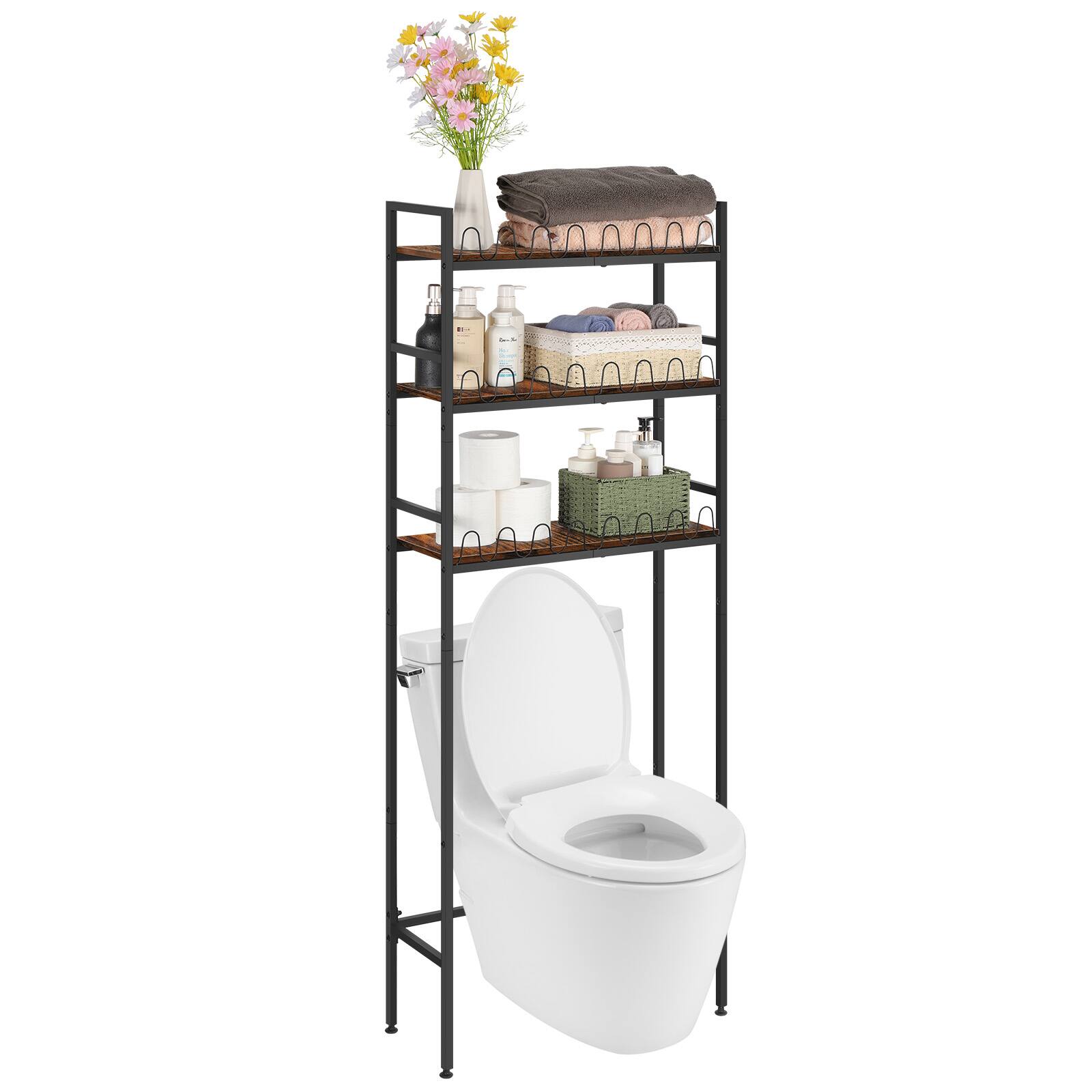 Oumilen - 3-Tier Over-The-Toilet Storage Shelf, Metal Bathroom Organizer with Anti-Fall Fence and Adjustable Feet - Brown