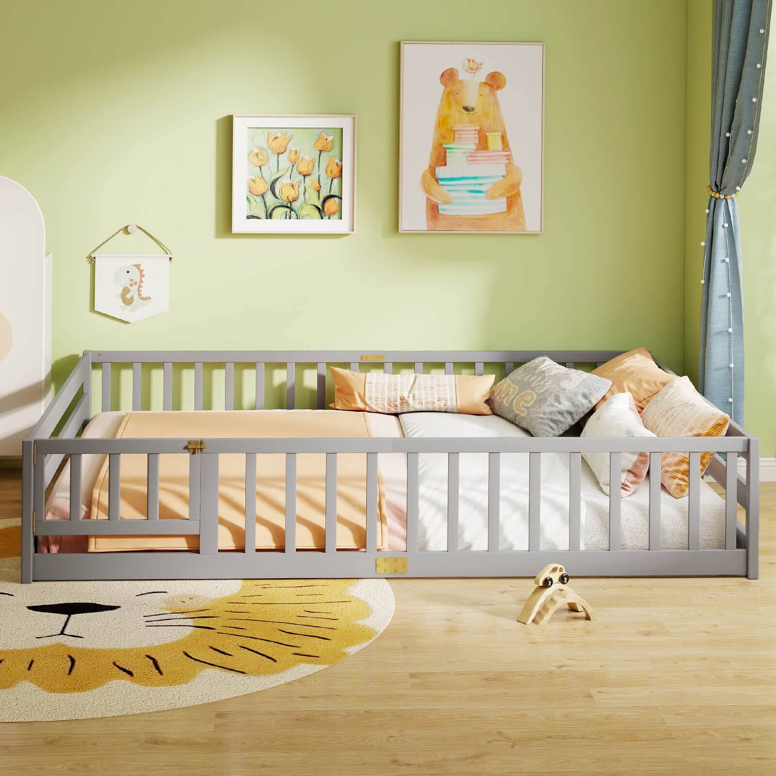 Alt View 4. Costway - Costway Queen Size Floor Bed with Full Length Safety Guardrails & Door for Boys, Girls - Gray.