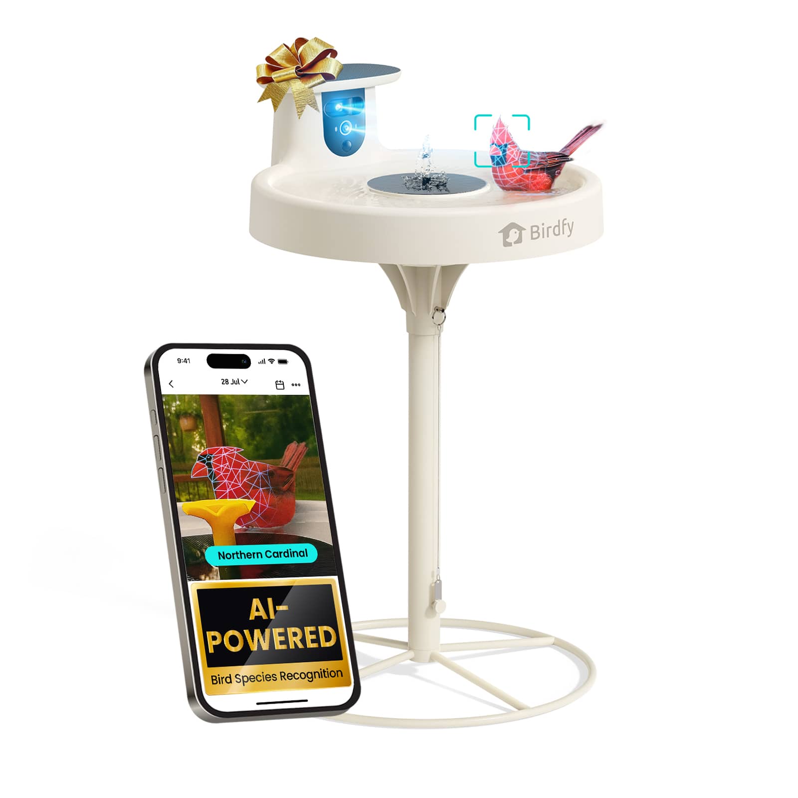 BIRDFY - Smart Bird Bath with Camera, Solar Powered Fountain&Stand, Dual-Lens HD View, Auto Capture&AI Identify(Lifetime Free) - White
