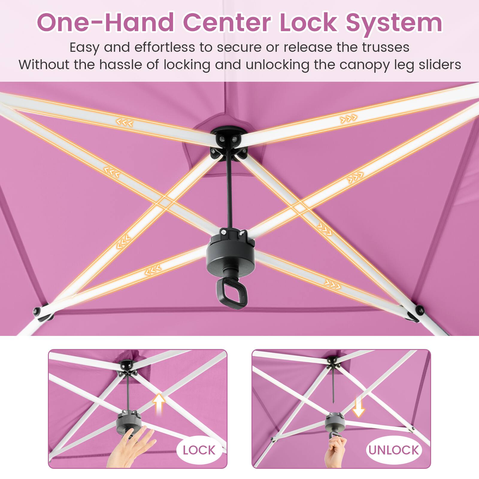 One-Hand Center Lock System

Easy and effortless to secure or release the trusses without the hassle of locking and unlocking the canopy leg sliders.