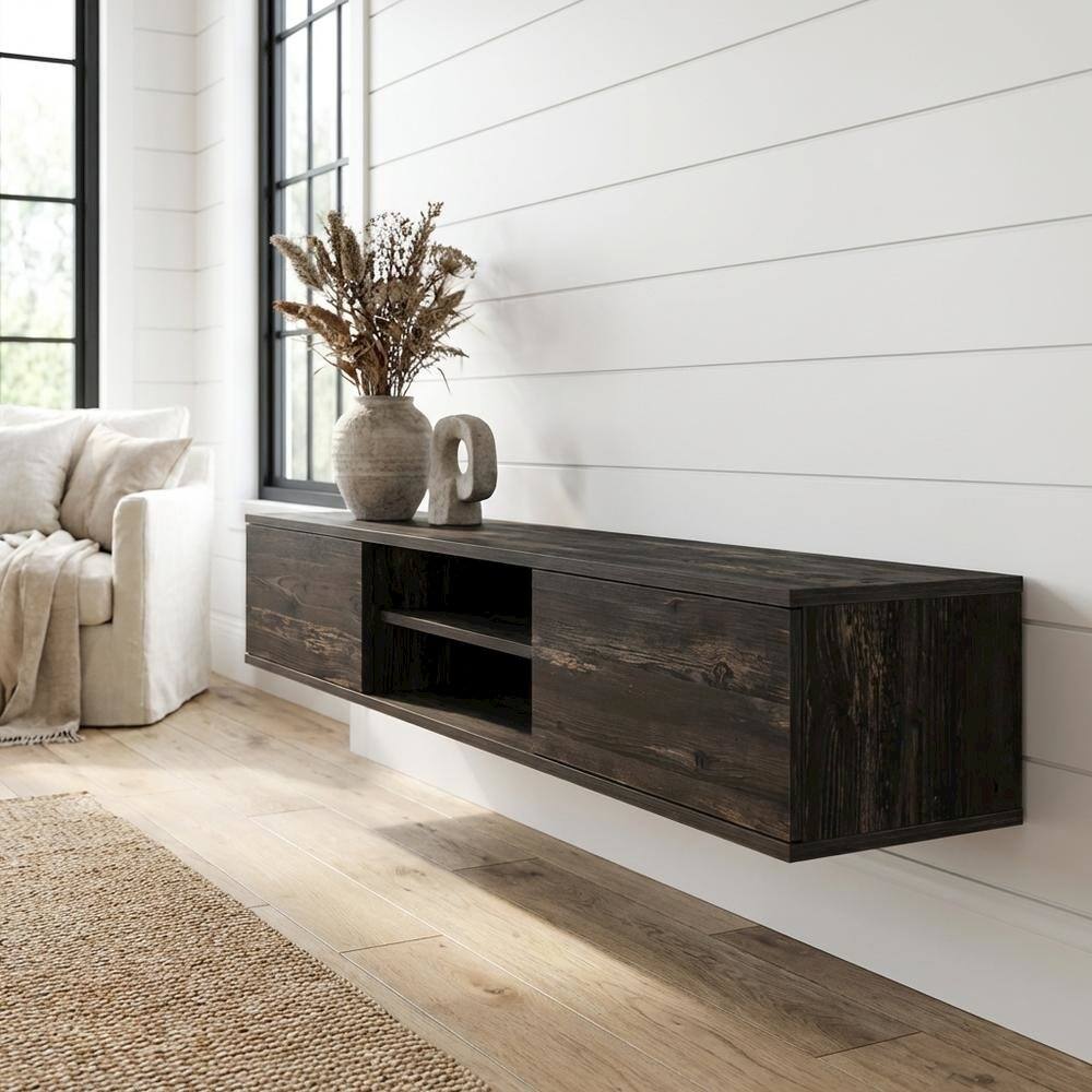 Alt View 1. FurniFact - Black Oak Wall-Mounted TV Stand with Engineered Wood Finish - Brown.
