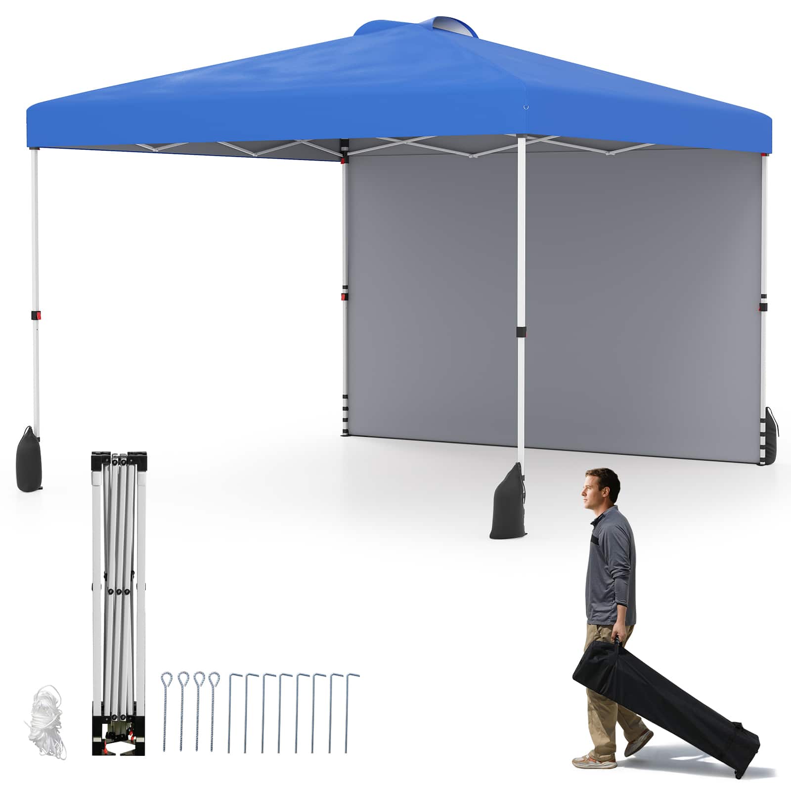 Front. Gymax - Gymax 10 X 10 FT Pop up Canopy Tent w/ 1 Sidewall Wheeled Bag 8 Stakes & 4 Wind Ropes Blue - Blue.