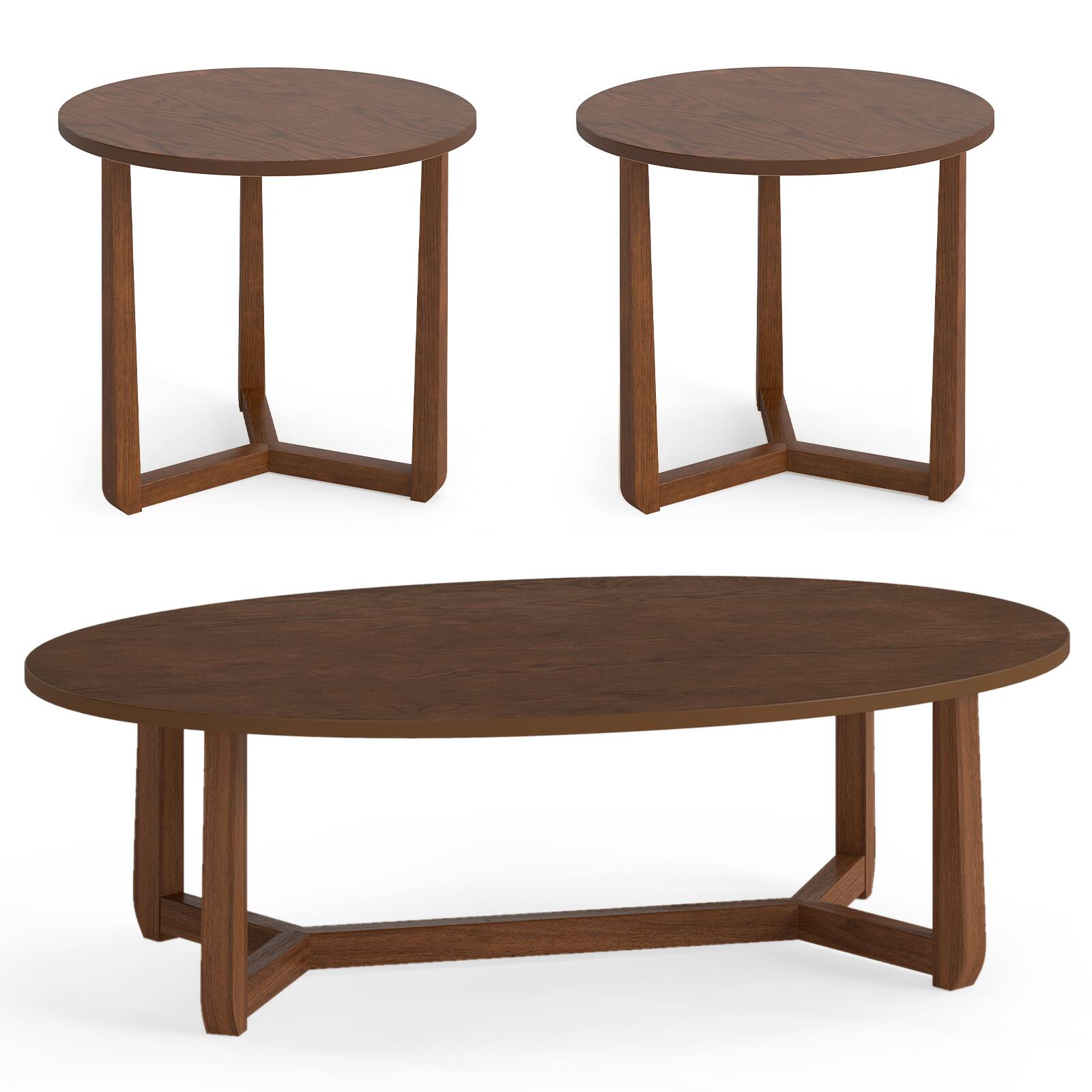 Alt View 4. Costway - Costway Nesting Coffee Table Set of 3 Oval Accent Table & Round Sofa Side Table - Walnut.