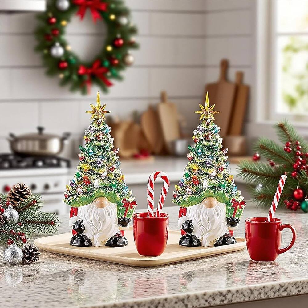 Left. Schertz - Lighted Ceramic Gnome Tree, DIY Xmas Holiday Decor with Multicolored Lights - Green.
