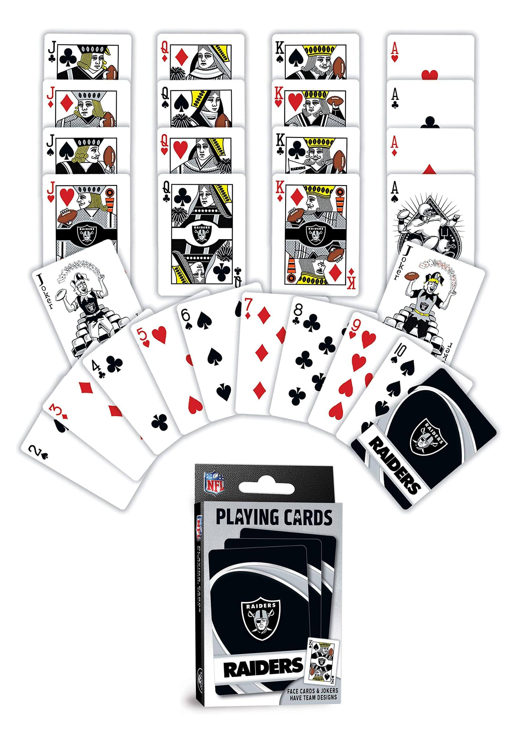Sure, here is the corrected and grouped text from the image:

---

**Playing Cards**

**NFL PLAYING CARDS**

**RAIDERS**

**FACE CARDS & JOKERS HAVE TEAM DESIGNS**

---

**Jokers:**

- JOKER
- JOKER

**Face Cards:**

- J (Jack)
- Q (Queen)
- K (King)
- A (Ace)

**Numbered Cards:**

- 2
- 3
- 4
- 5
- 6
- 7
- 8
- 9
- 10

**Suits:**

- Hearts
- Diamonds
- Clubs
- Spades

---

**Packaging:**

- "NFL PLAYING CARDS"
- "RAIDERS"
- "FACE CARDS & JOKERS HAVE TEAM DESIGNS"

---

This text is grouped and corrected based on the visible elements in the image.