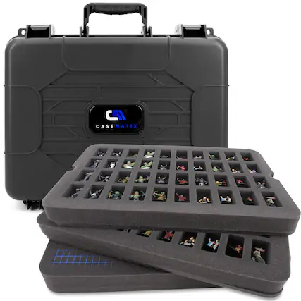 Front. CASEMATIX - Miniature Carrying Case - 80 Slot Figurine Miniature Storage Case For Warhammer 40K DND and More - Black.