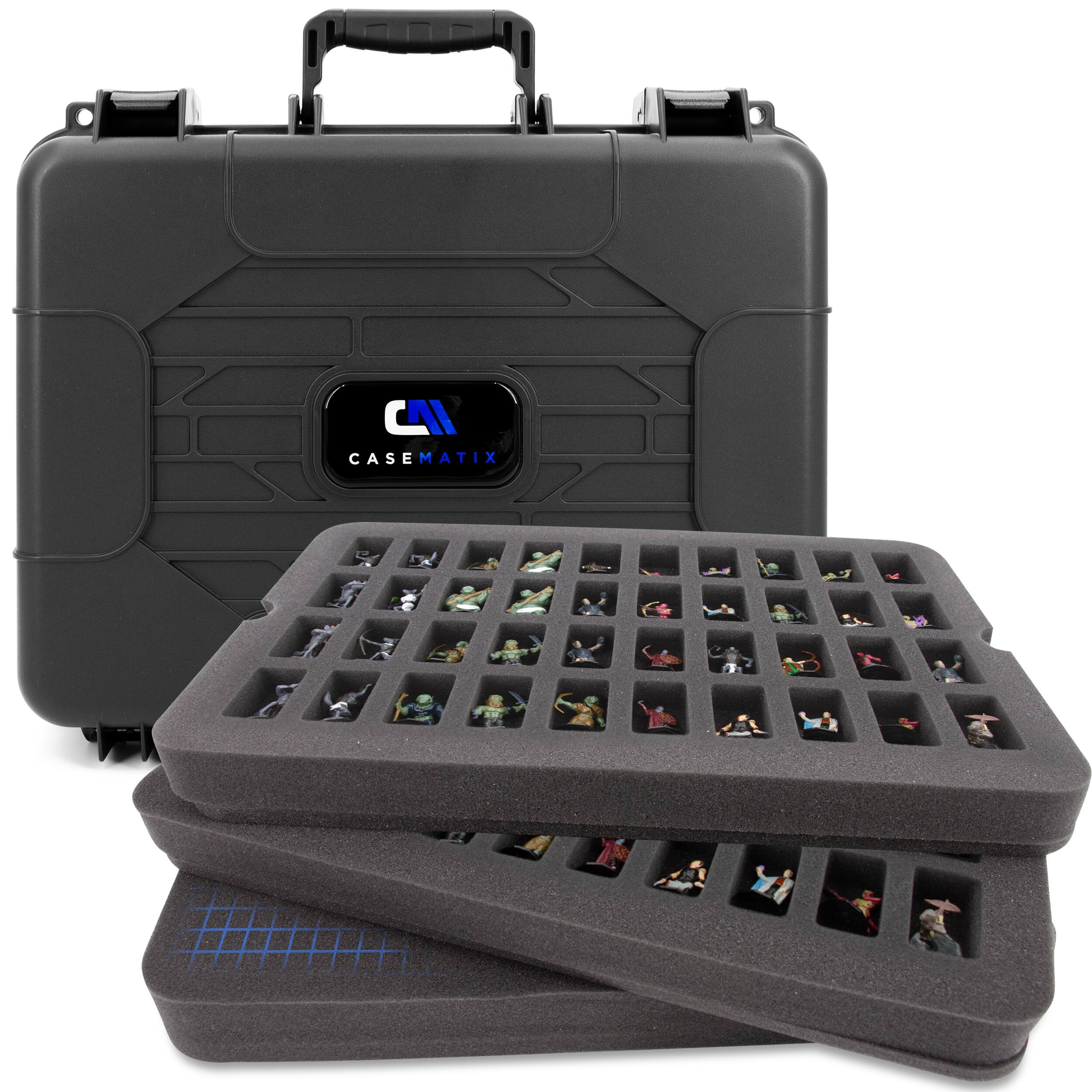 Front. CASEMATIX - Miniature Carrying Case - 80 Slot Figurine Miniature Storage Case For Warhammer 40K DND and More - Black.