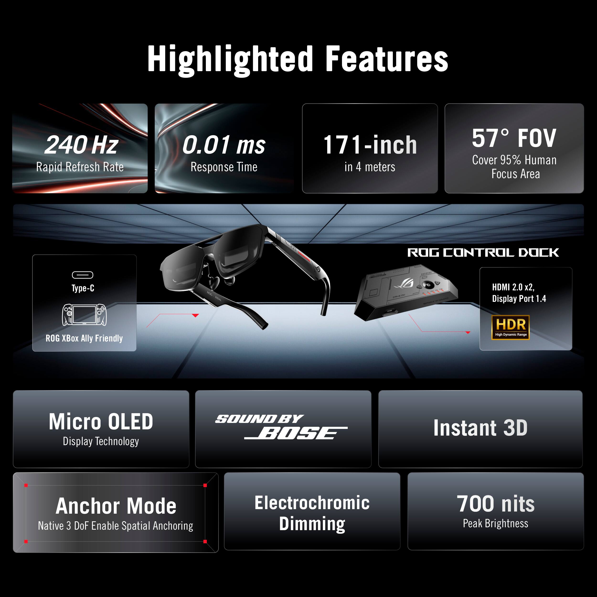Highlighted Features

- 240 Hz Rapid Refresh Rate
- 0.01 ms Response Time
- 171-inch in 4 meters
- 57° FOV Cover 95% Human Focus Area

ROG CONTROL DOCK
- Type-C
- HDMI 2.0 x2, Display Port 1.4
- HDR
- ROG Xbox Ally Friendly

- Micro OLED Display Technology
- SOUND BY BOSE
- Instant 3D
- Anchor Mode (Native 3 DoF Enable Spatial Anchoring)
- Electrochromic Dimming
- 700 nits Peak Brightness