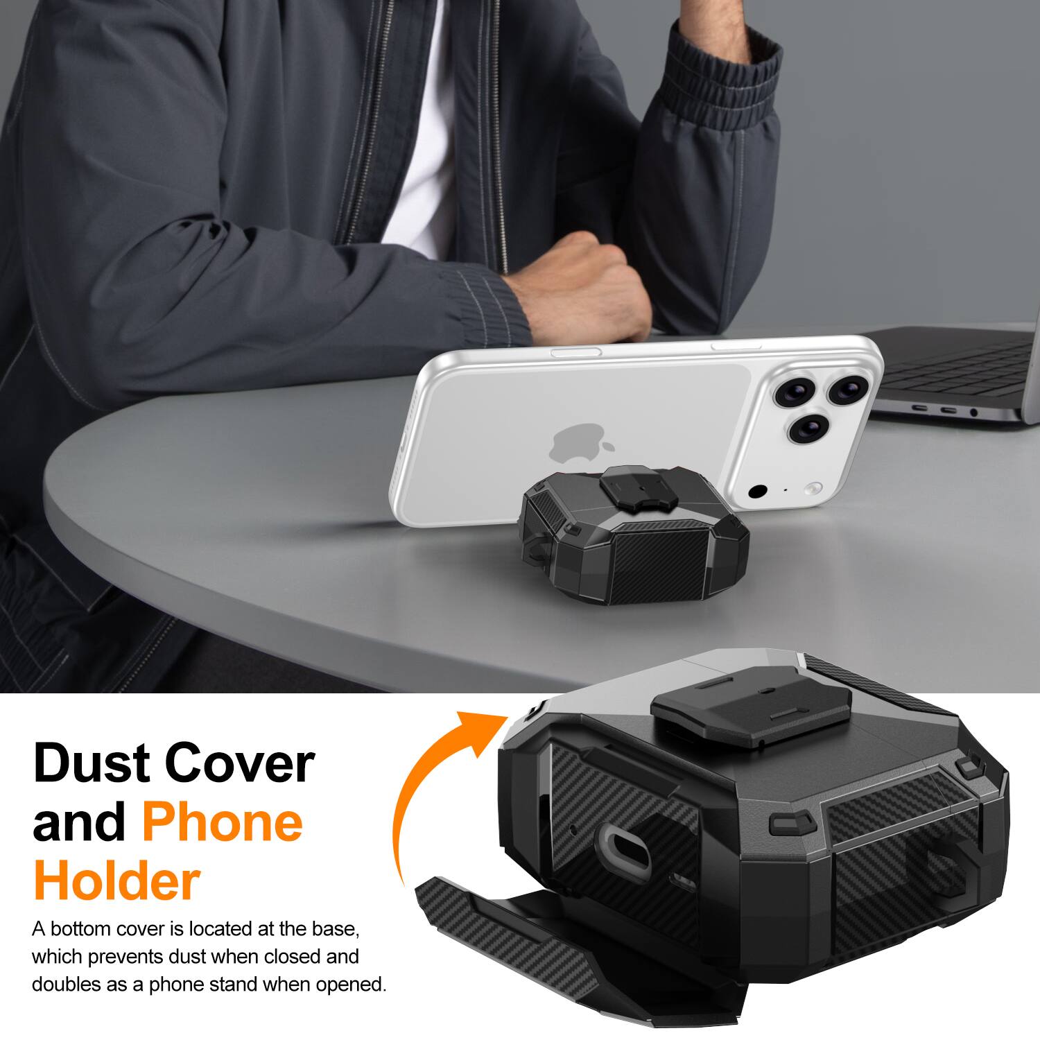 Dust Cover and Phone Holder

A bottom cover is located at the base, which prevents dust when closed and doubles as a phone stand when opened.
