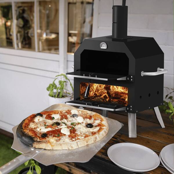 Back. COWLOWN - 12-Inch Automatic Rotating Pizza Oven with Foldable Legs Built-in Thermometer Portable Carbon Grill - Black.