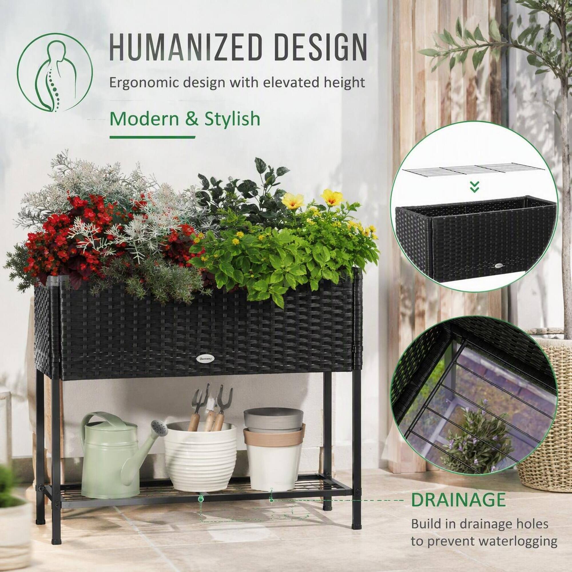 HUMANIZED DESIGN  
Ergonomic design with elevated height  
Modern & Stylish  

DRAINAGE  
Build in drainage holes to prevent waterlogging