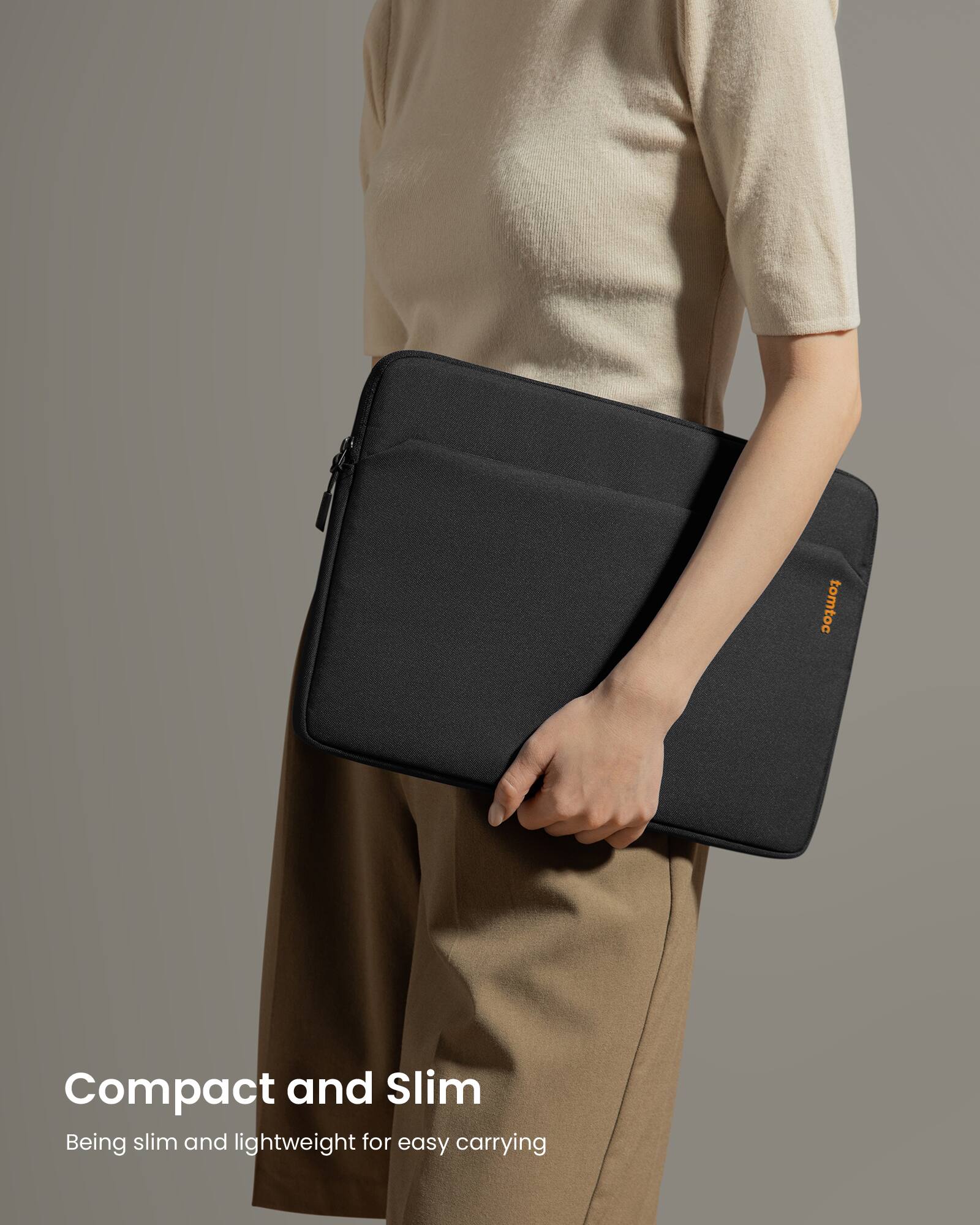The text on the image reads "tomtoc Compact and Slim Being slim and lightweight for easy carrying."