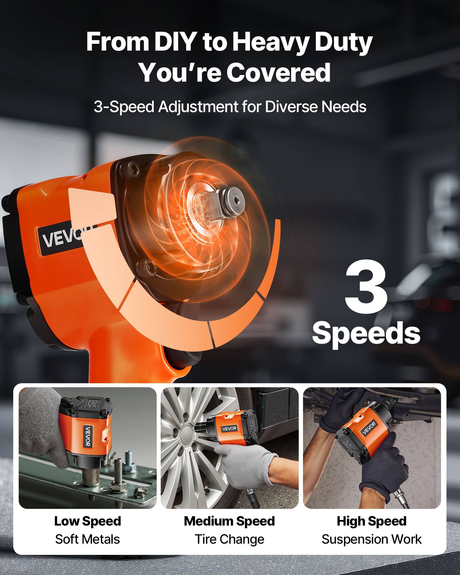 From DIY to Heavy Duty  
You're Covered  

3-Speed Adjustment for Diverse Needs  

3 Speeds  

Low Speed  
Soft Metals  

Medium Speed  
Tire Change  

High Speed  
Suspension Work