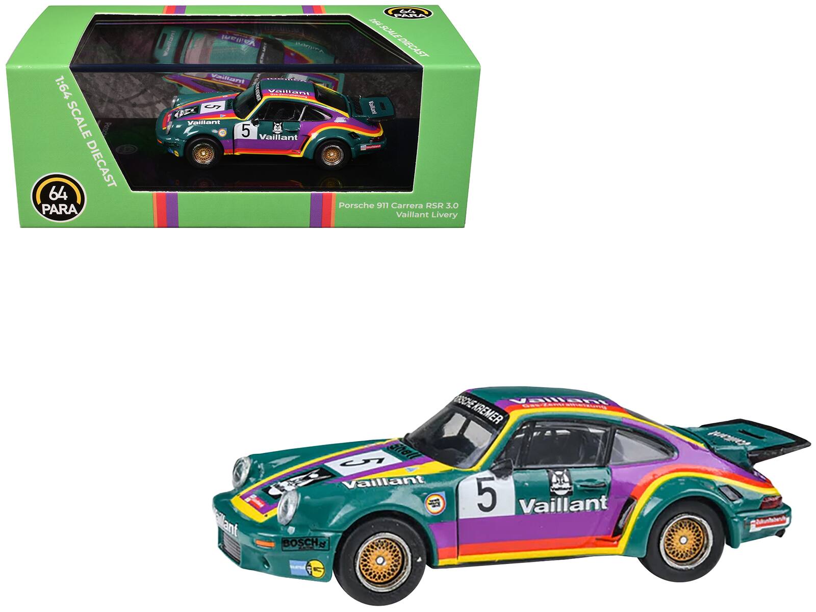 "1975 Porsche 911 Carrera RSR 3.0 #5 ""Kremer Racing - Vaillant"" Green with Stripes 1/64 Diecast Model Car by Paragon" price history on PriceWatchPro