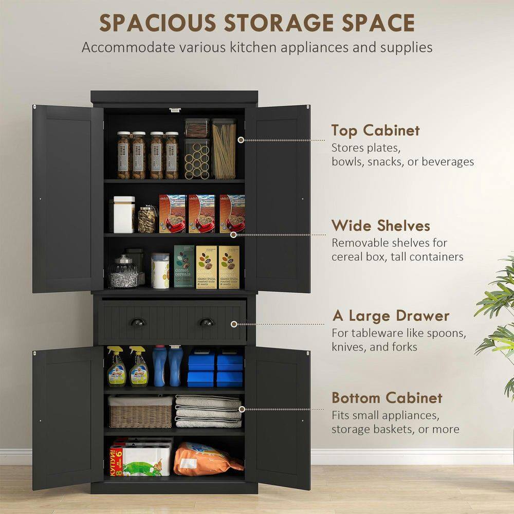 SPACIOUS STORAGE SPACE  
Accommodate various kitchen appliances and supplies

Top Cabinet  
Stores plates, bowls, snacks, or beverages

Wide Shelves  
Removable shelves for cereal box, tall containers

A Large Drawer  
For tableware like spoons, knives, and forks

Bottom Cabinet  
Fits small appliances, storage baskets, or more