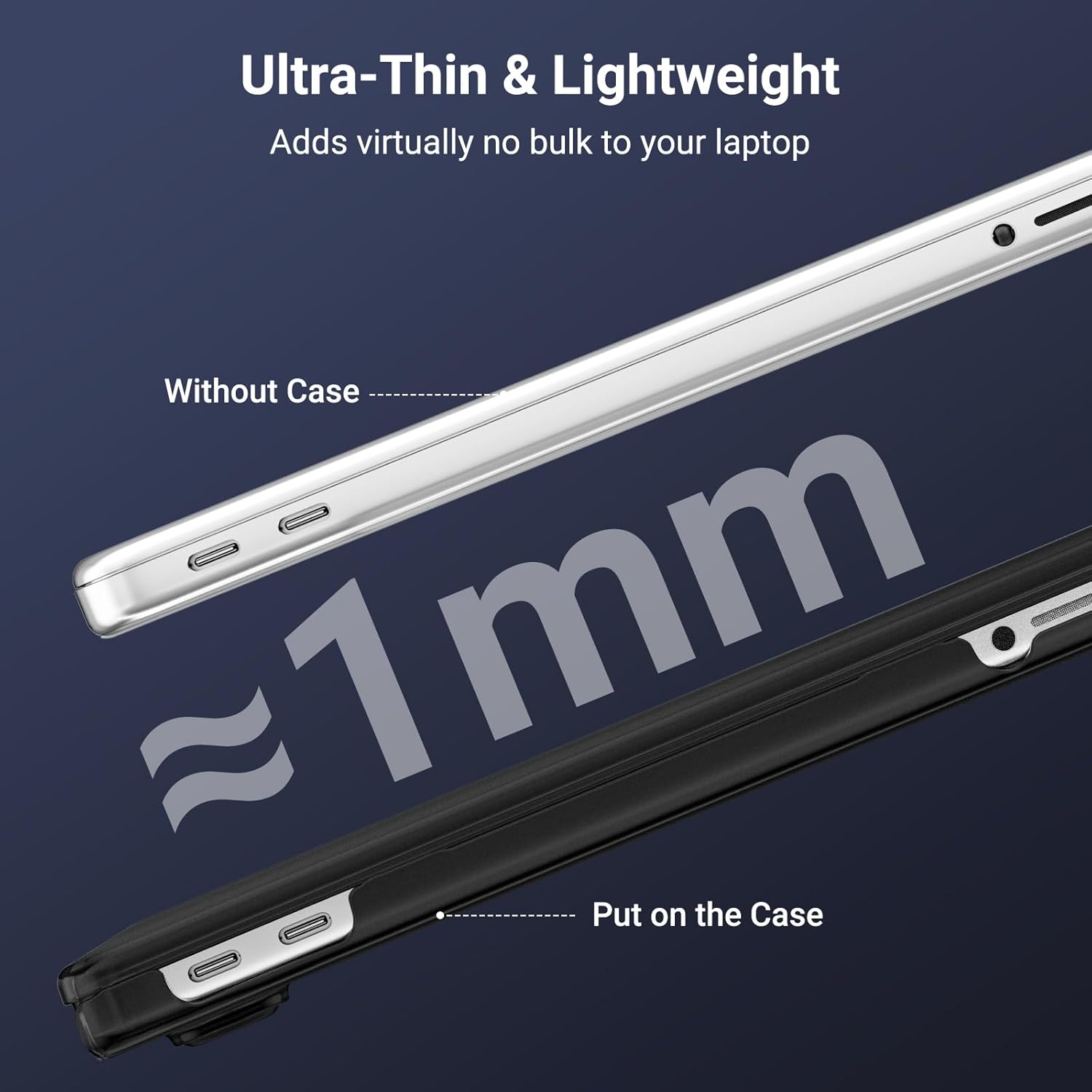 Ultra-Thin & Lightweight  
Adds virtually no bulk to your laptop  

Without Case  
≈1mm  
Put on the Case