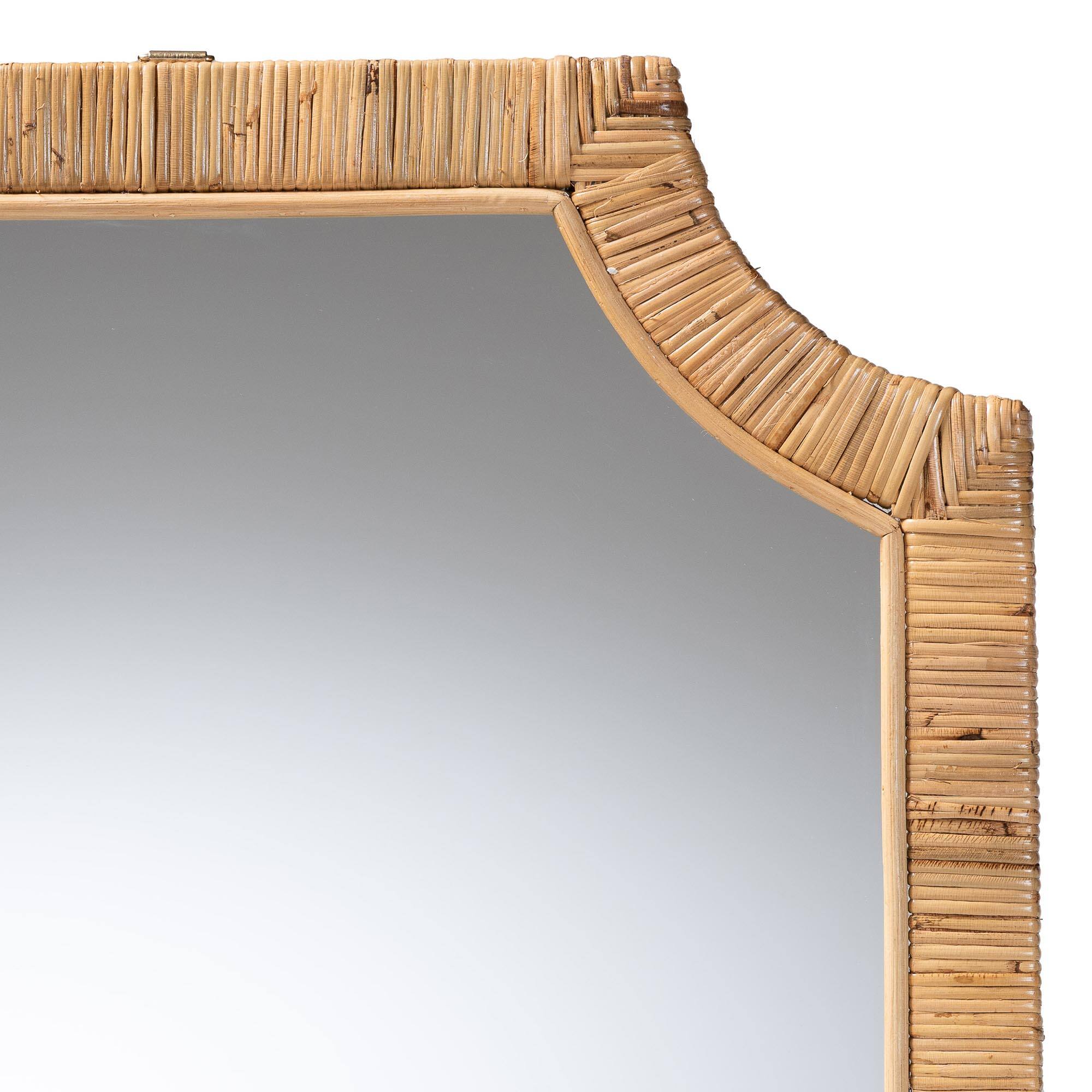 Angle. bali & pari - Thiago Natural Rattan Wall Mirror - Handwoven Wicker Rectangle Mirror with Scalloped Corners, Coastal Boho Wall Décor - Honey.