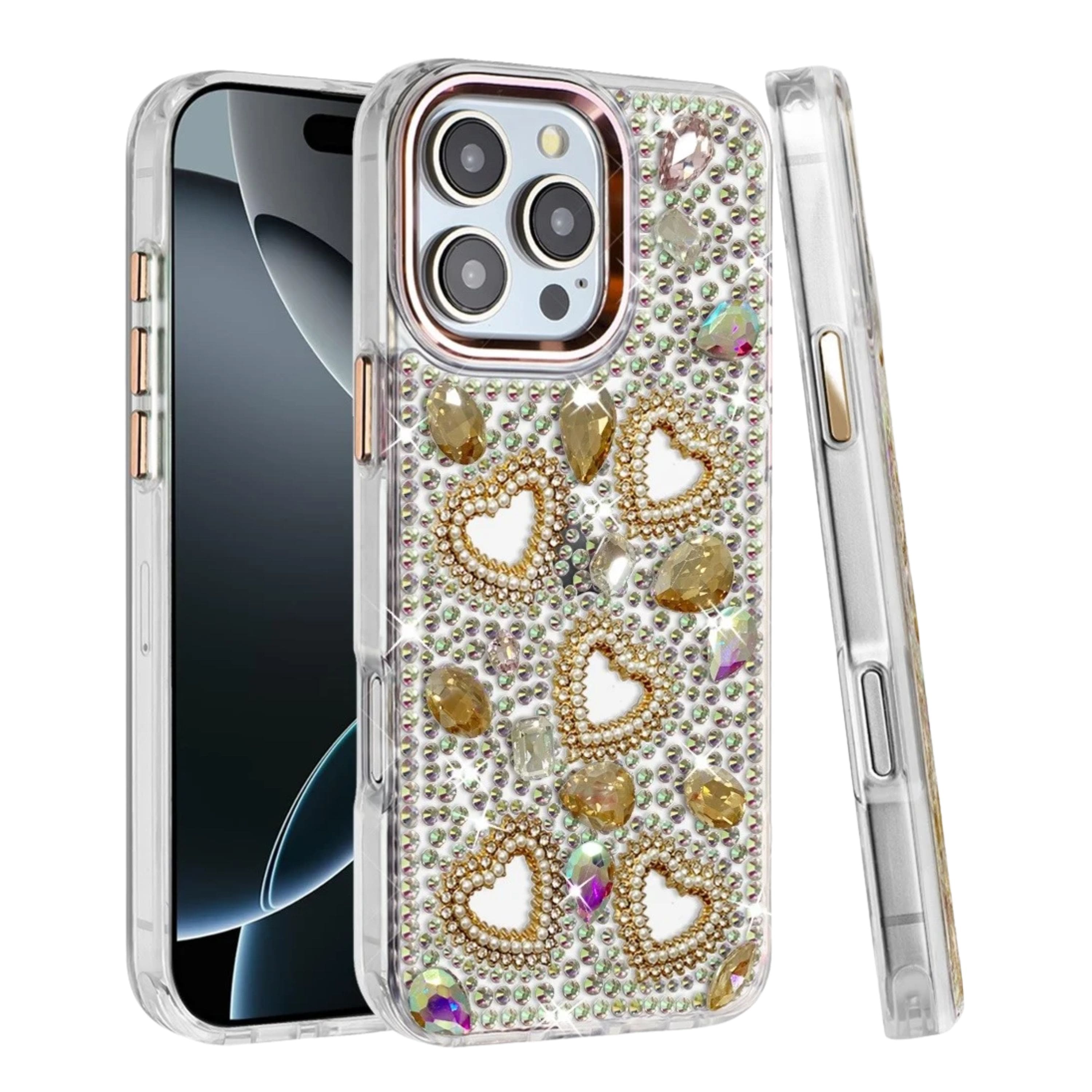 Kitcheniva - Hearts 3D Jewel Phone Case With Tempered Glass For iPhone 16 Pro Max - Gold