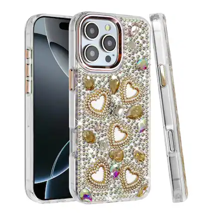 Front. Kitcheniva - Hearts 3D Jewel Phone Case With Tempered Glass For iPhone 16 Pro Max Gold - Gold.