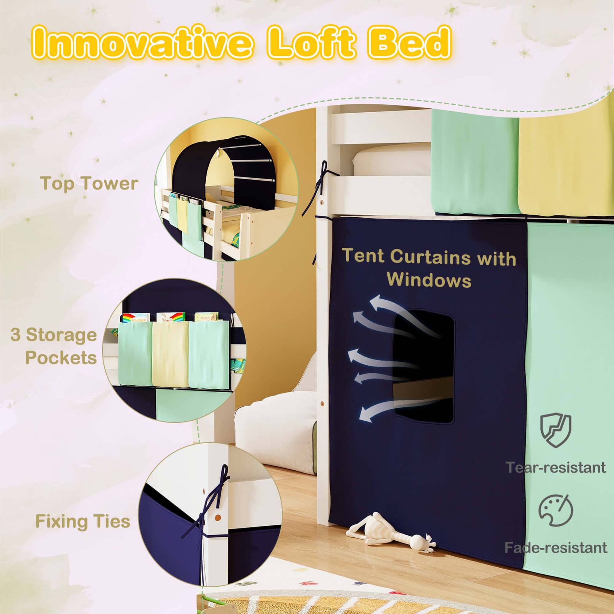 Alt View 5. Costway - Costway Twin Loft Bed with Tower & Tent 3 Storage Pockets Safety Guardrail and Ladder - Navy,White.