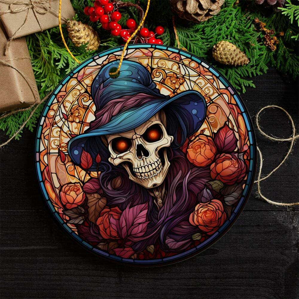 Back. OrnamentallyYou - Elegant Skull with Blue Hat Stained Glass Style Ceramic Ornament Halloween Themed Christmas Gift - Multi-colored.