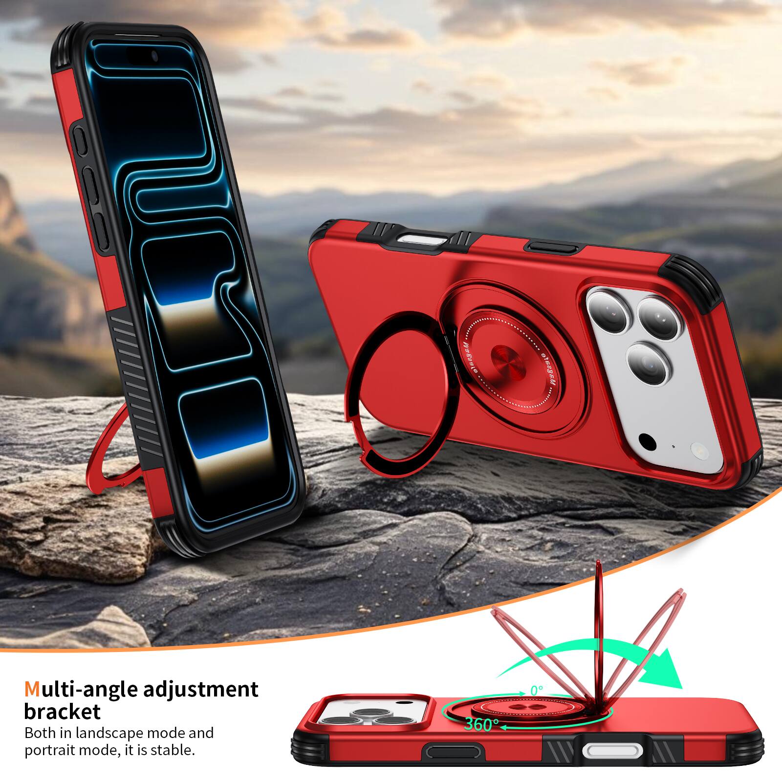 Multi-angle adjustment bracket  
Both in landscape mode and portrait mode, it is stable.  
360°