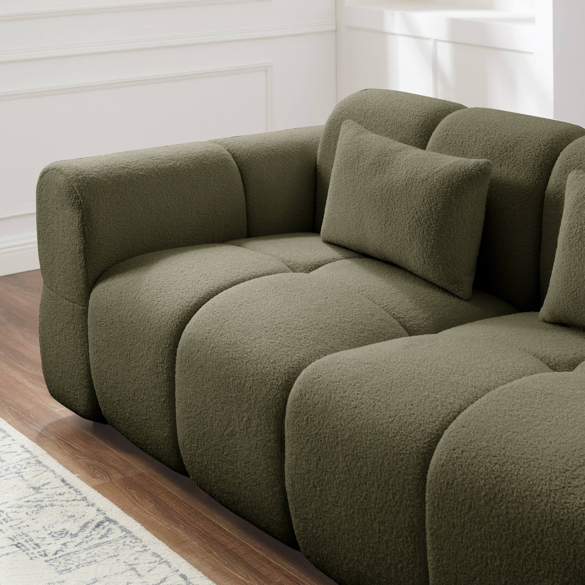 Back. Electra Tech Xpress - 80" Modern Sofa Couch, Comfy Deep Seat Teddy Cloud Sofa, Oversized Loveseat 3-Seater Boucle Couch - Green.