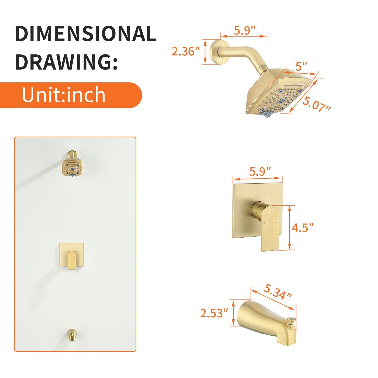 DIMENSIONAL DRAWING:  
Unit: inch  

- 2.36"  
- 5.9"  
- 5"  
- 5.07"  
- 5.9"  
- 4.5"  
- 2.53"  
- 5.34"