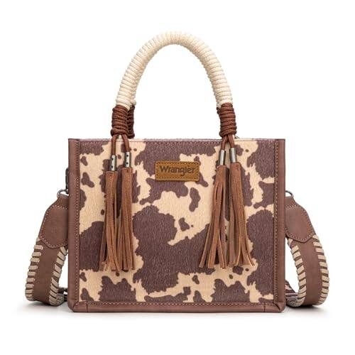 ESBANY - X Wrangler Tote Bag Cow Print Western Satchel Bags for Women with Braided Rope Handle - Light Coffee