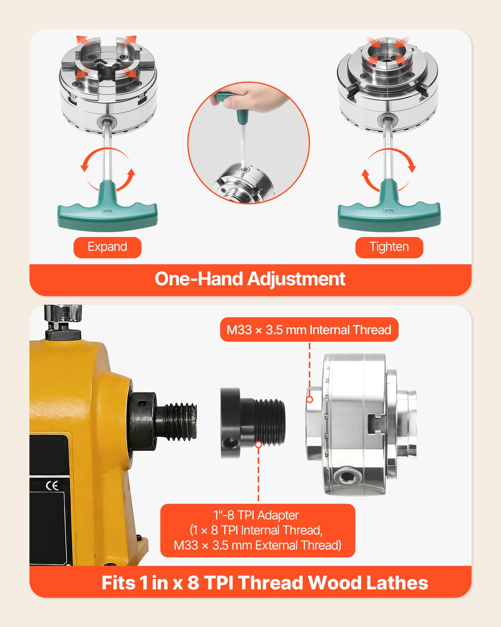Expand Tighten One-Hand Adjustment M33 x 3.5 mm Internal Thread 1"-8 TPI Adapter (1 x 8 TPI Internal Thread, M33 x 3.5 mm External Thread) Fits 1 in x 8 TPI Thread Wood Lathes
