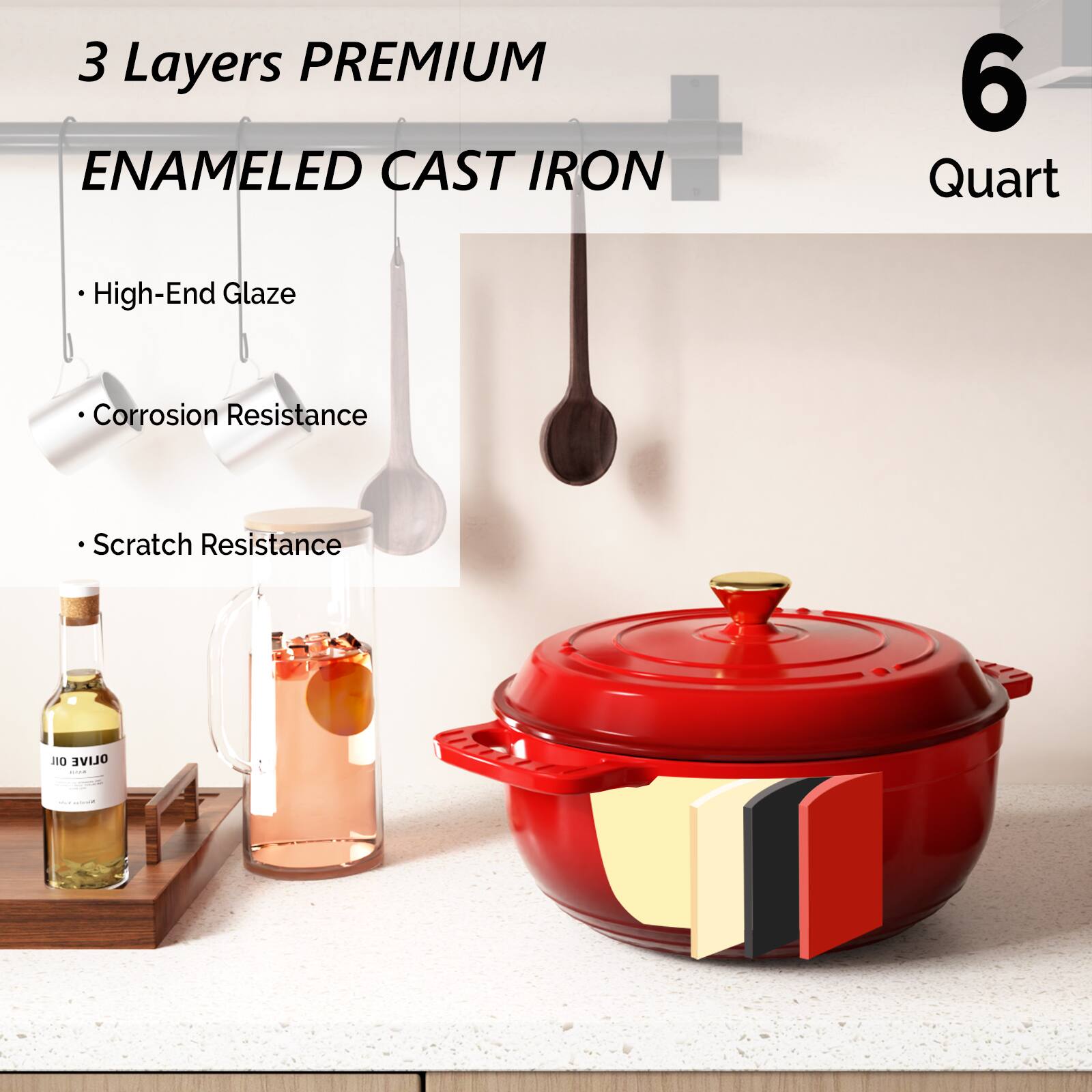 3 Layers PREMIUM ENAMELED CAST IRON  
6 Quart  

- High-End Glaze  
- Corrosion Resistance  
- Scratch Resistance  

1tO OLIVE