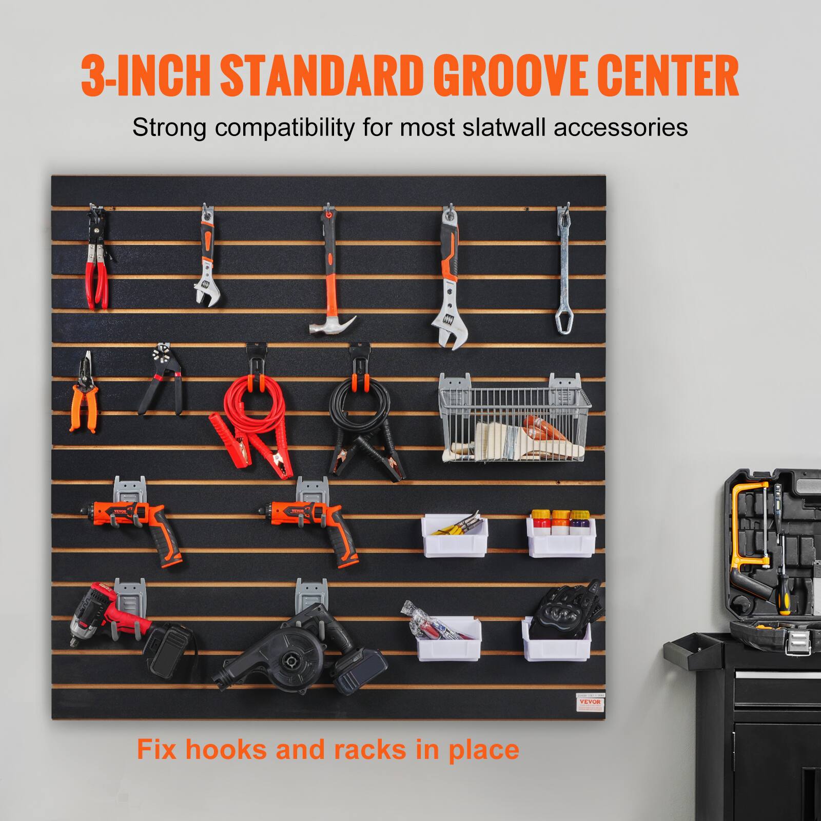 3-INCH STANDARD GROOVE CENTER

Strong compatibility for most slatwall accessories

Fix hooks and racks in place