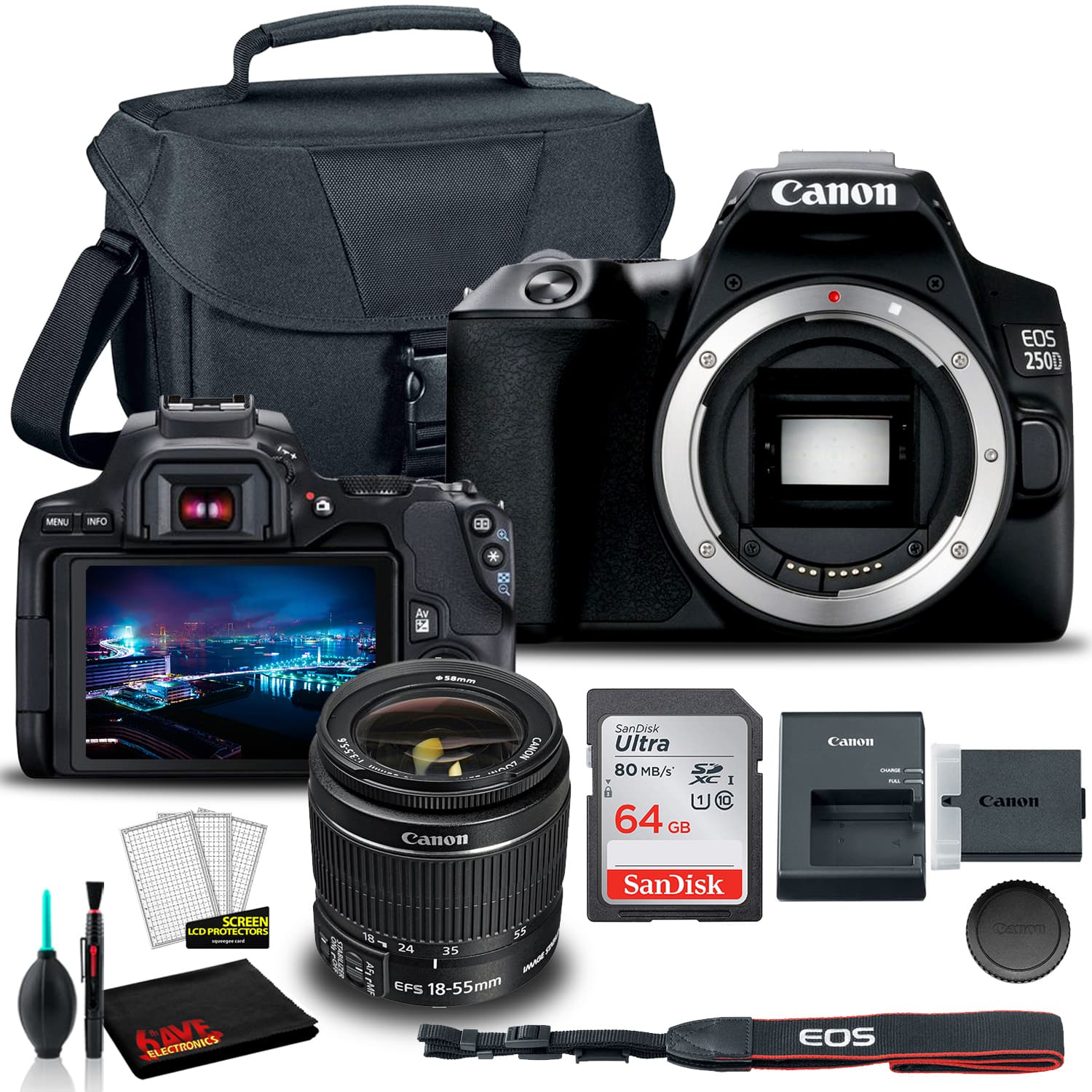 Canon - EOS 250D DSLR Camera w 18-55mm Lens (Black) (3453C002) + EOS Bag + Sandisk Ultra 64GB (International Version)