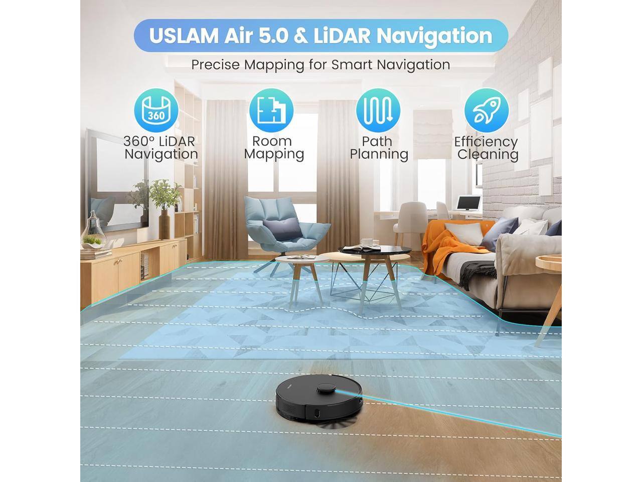 USLAM Air 5.0 & LiDAR Navigation  
Precise Mapping for Smart Navigation  

- 360° LiDAR Navigation  
- Room Mapping  
- Path Planning  
- Efficiency Cleaning