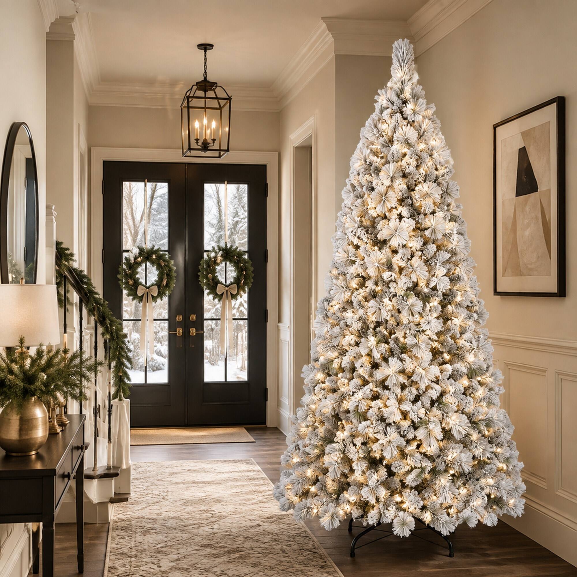 Alt View 2. RYHNUYNE - 9FT Flocked Pre-Lit Christmas Tree, 750 Warm White LED Lights 1964 Tips PVC Hard Needle Hinged Design Sturdy Metal Stand - Green,White.