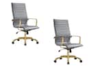 Front. LeisureMod - Set of 2 Harris High-Back Leather Upholstered Office Desk Chair with Gold Stainless Steel Frame and Tilt - Grey.