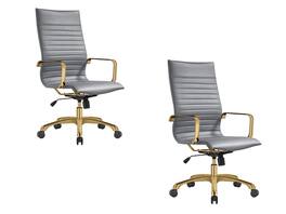 LeisureMod - Set of 2 Harris High-Back Leather Upholstered Office Desk Chair with Gold Stainless Steel Frame and Tilt - Gray