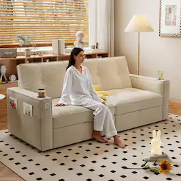 LUCKY ONE - 2-in-1 Convertible Sofa Bed with Corduroy Upholstery, Dual Armrest Cup Holders and Side Storage - White