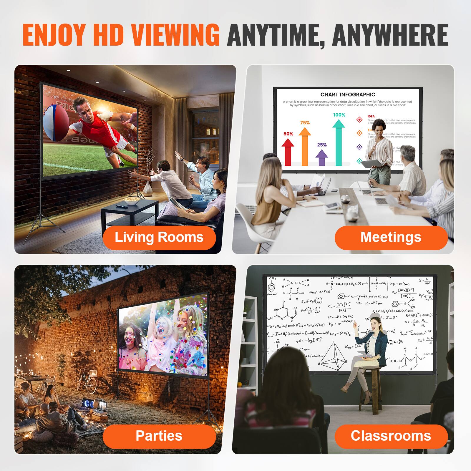 ENJOY HD VIEWING ANYTIME, ANYWHERE

Living Rooms
Meetings
Parties
Classrooms

CHART INFOGRAPHIC

75%
100%
50%
25%