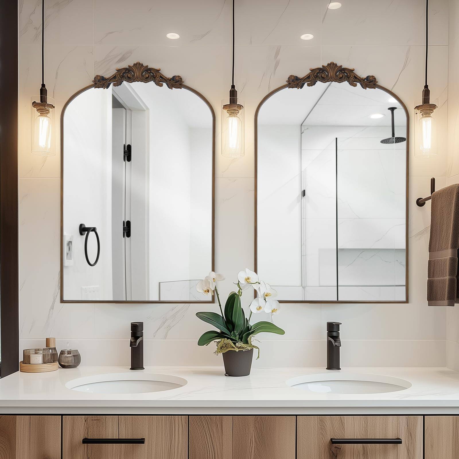 Alt View 3. Comfort Essence - Filigree Arched Wall Mirror 26"x38" Retro Wall-mounted With Vintage Ornate Carved Applique Hanging Leanin... - Gold-38"L x 26"W.